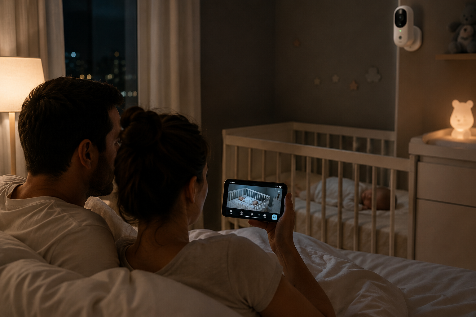 Pais acompanhando um bebê por sistema de monitoramento